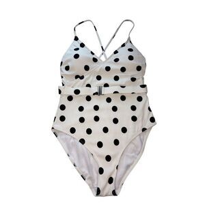 NWOT Accessorize black and white polka dot belted one piece swimsuit - 8
